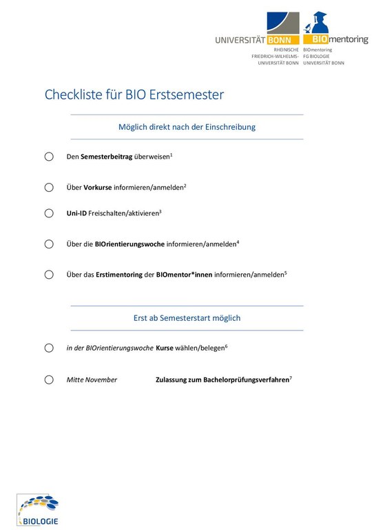 Checkliste für Erstsemester